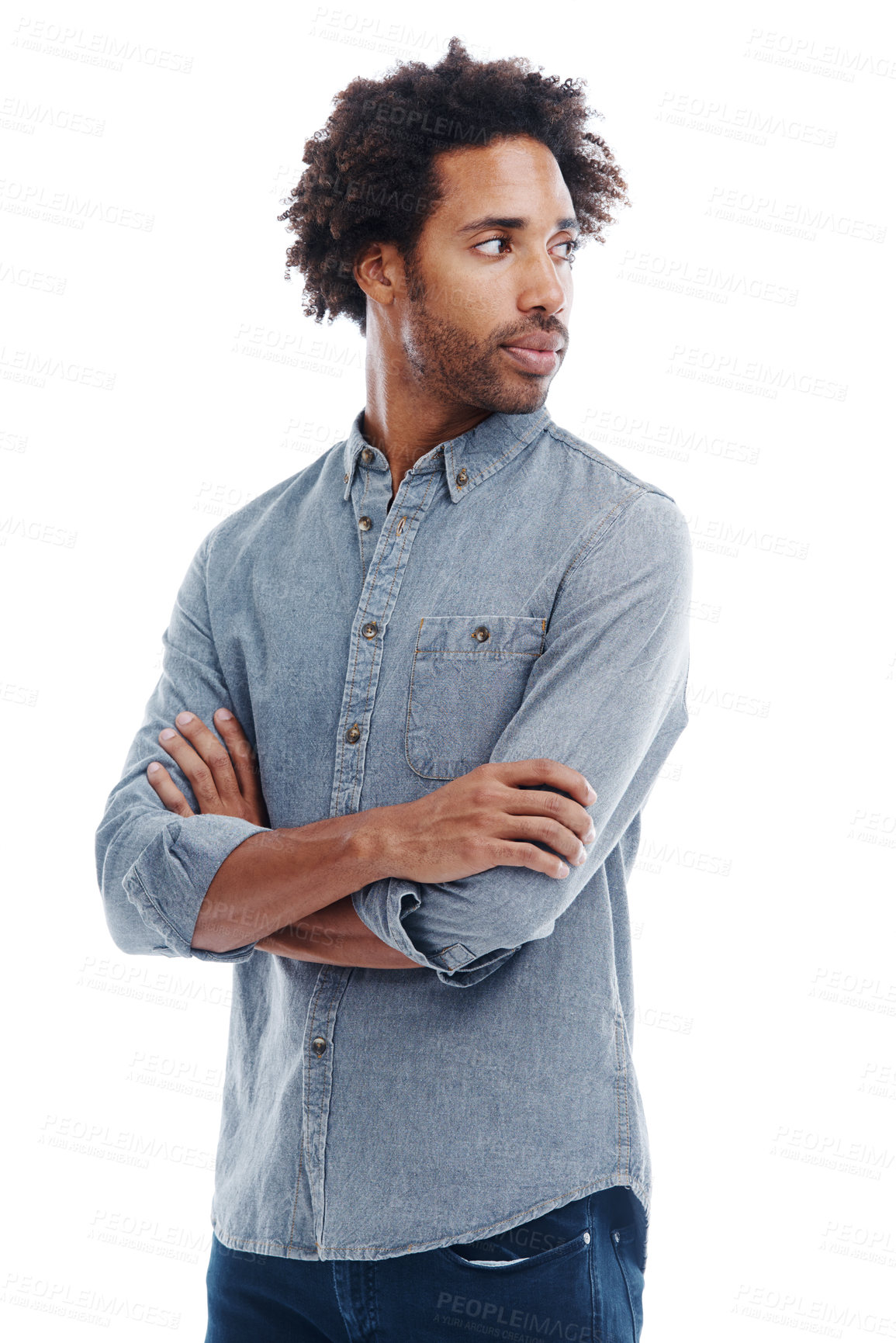 Buy stock photo Businessman, thinking and studio for entrepreneur career or small business brainstorming, thoughts or white background. Male person, arms crossed and company vision or idea, corporate or mockup space