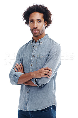 Buy stock photo Fashion, crossed arms and portrait of man in studio with casual, trendy and denim shirt outfit. Serious, confident and young male person from Colombia with cool style isolated by white background.