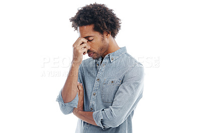 Buy stock photo Stress, headache and man in studio with frustration for failure, crisis or mistake in career. Upset, migraine and young male person with burnout, brain fog or fatigue isolated by white background.