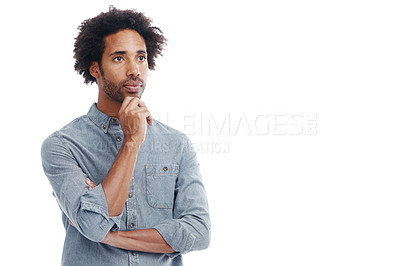 Buy stock photo Businessman, thinking and studio for entrepreneur vision or small business brainstorming, thoughts or white background. Male person, arms crossed and company opportunity, corporate or mockup space