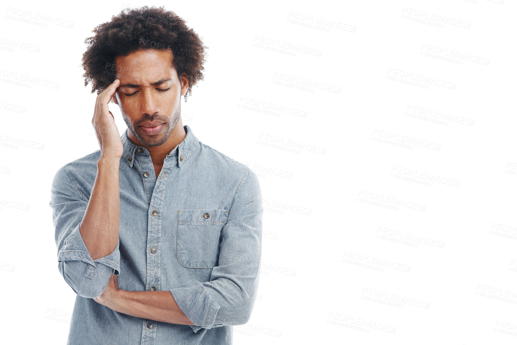Buy stock photo Man, hand and headache pain in studio or stress pressure with brain fog or burnout, vertigo or white background. Male person, temple and dizzy tension as migraine tinnitus or anxiety, tired or mockup