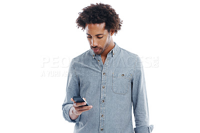 Buy stock photo Man, cellphone and texting communication in studio for online internet or white background, business or mockup space. Male person, social media and network email for connectivity, website or typing