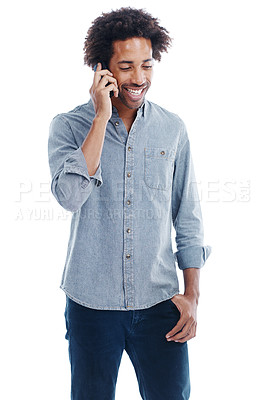 Buy stock photo Man, phone call and communication in studio for talking conversation or white background, networking or mockup space. Male person, smartphone and connectivity tech for chat, contact us or discussion