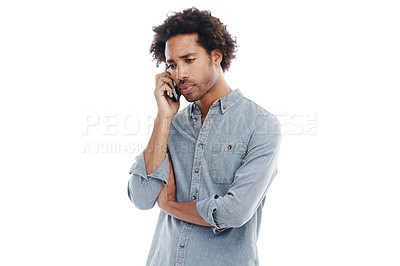Buy stock photo Man, phone call and communication concern in studio for conversation bad news, information or mockup space. Male person, cellphone and problem or speaking worry for chat, white background or crisis