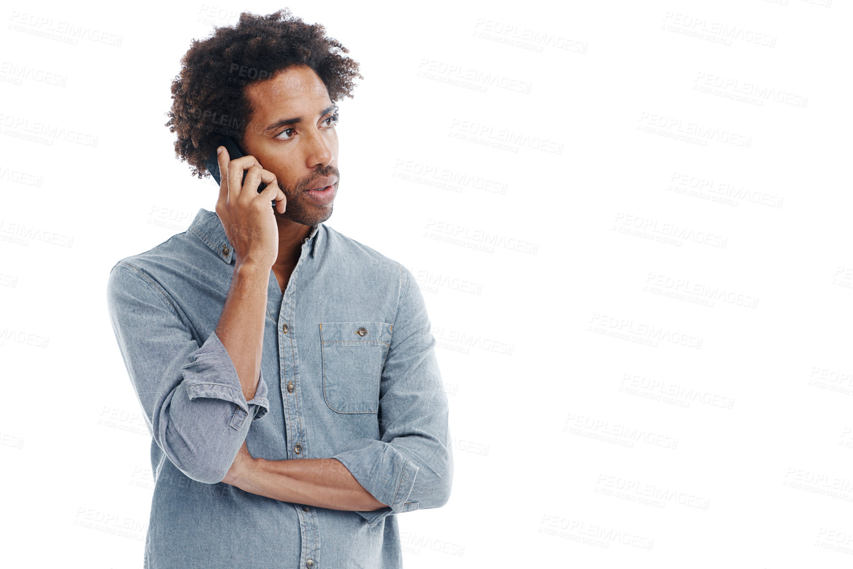 Buy stock photo Man, phone call and thinking conversation in studio for communication thoughts, contact us or contemplating. Male person, cellphone and white background for startup speaking or wonder, idea or mockup