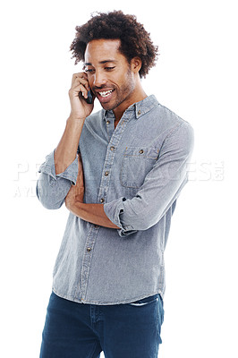 Buy stock photo Man, phone call and communication in studio for speaking conversation or white background, networking or mockup space. Male person, smartphone and connectivity tech for chat, contact us or discussion
