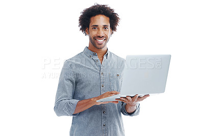 Buy stock photo Studio shot of a handsome man holding a laptop isolated on white