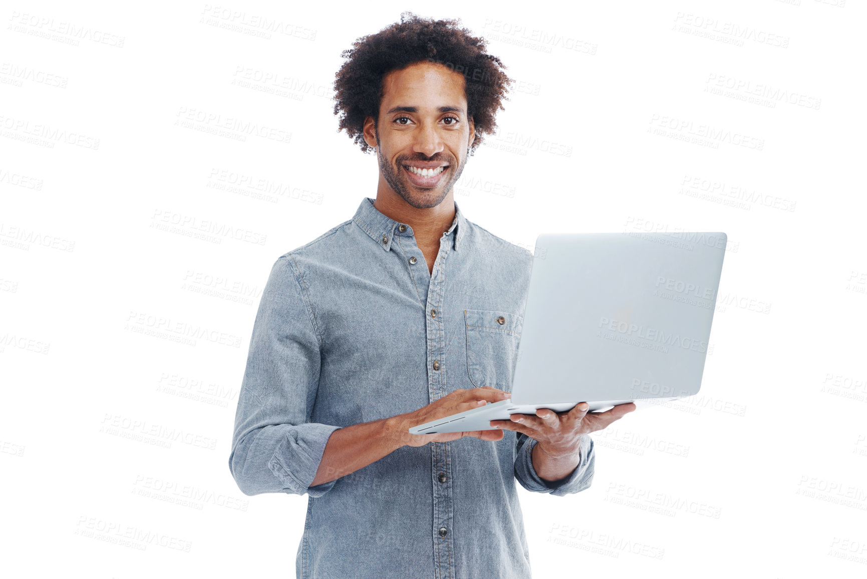 Buy stock photo Studio shot of a handsome man holding a laptop isolated on white