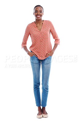 Buy stock photo Studio shot of an attractive young woman with her hands in her pockets
