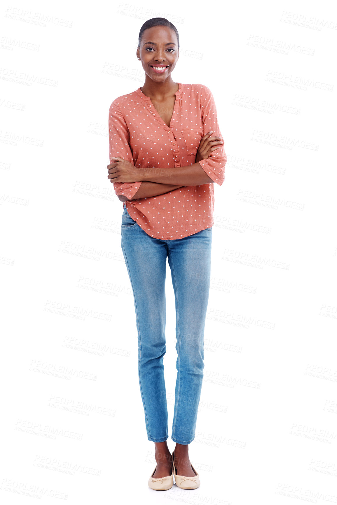 Buy stock photo Smile, confidence and portrait of woman for fashion, style or trendy with cool outfit isolated on white background. Female person, casual and lady with arms crossed, blue jeans or garments in studio
