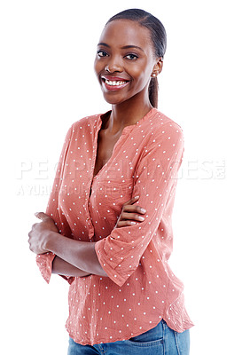 Buy stock photo Smile, happy and portrait of black woman in fashion, clothes or trendy with cool outfit isolated on white background. Female person, style or lady with arms crossed, blue jeans or garments in studio
