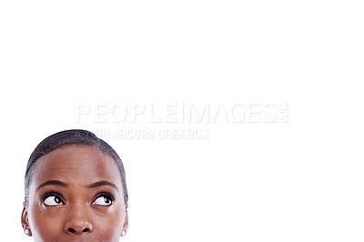 Buy stock photo Face, thinking and black woman by mockup with vision for presentation, marketing and promotion isolated on white background. Female person, lady and copy space with idea for advertising in studio