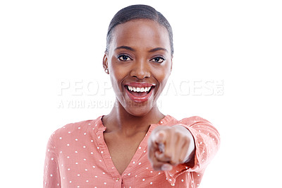 Buy stock photo Black woman, portrait and point at you for choice, selection and motivation to join us on white background. Promotion, choosing and volunteer for opportunity with offer, winner and hiring in studio