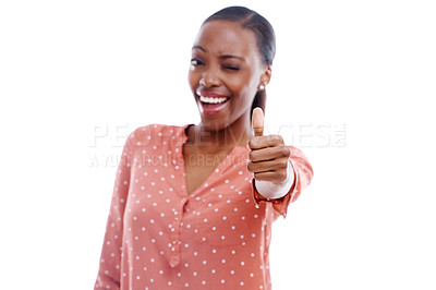 Buy stock photo Black woman, portrait and wink with thumbs up for agreement or feedback, yes and like emoji on white background. Review, vote and advice with thanks, hand gesture and success with support in studio