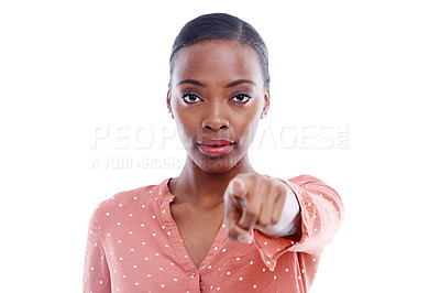 Buy stock photo Studio, serious face and portrait of black woman with point for decision, choice and blame you. African person, hand and gesture with vote for warning, suspicious and selection on white background