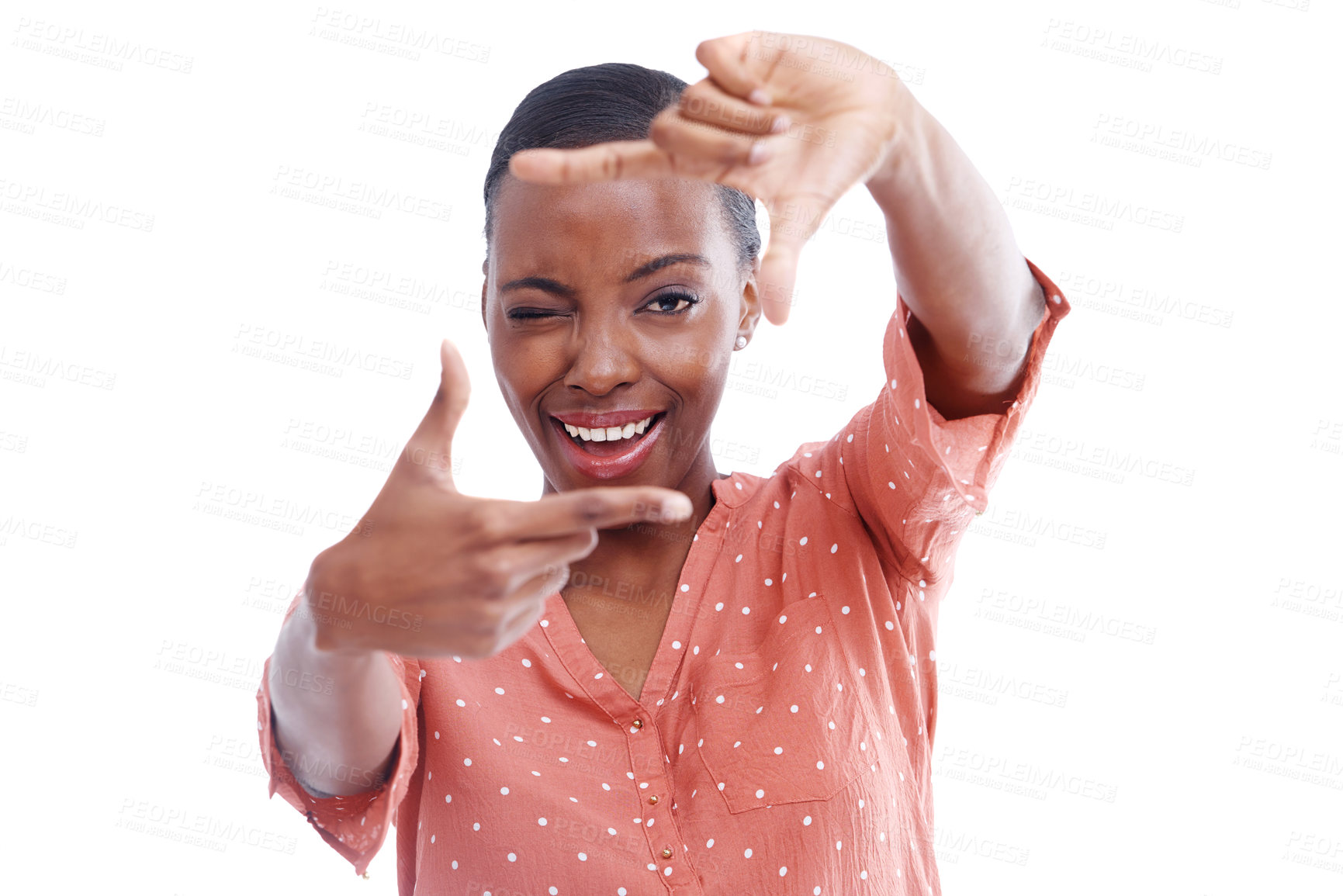 Buy stock photo Black woman, portrait and hands for frame for photography with perspective in studio and smile on white background. Gesture, aesthetic and African model with face, focus and wink to capture POV