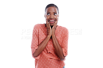 Buy stock photo Face, thinking and black woman by mockup with surprise, wow and omg expression isolated on white background. Female person, lady and copy space with shock, amazed and stunned look for idea in studio