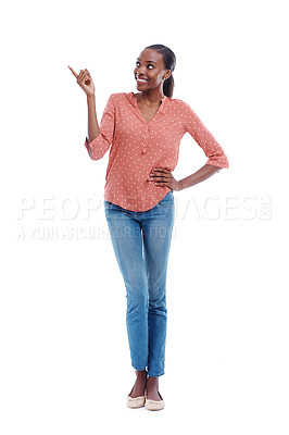 Buy stock photo Black woman, smile and point in studio with thinking for direction, news announcement or idea. African female person, happy and hand with gesture for choice, opportunity or option on white background