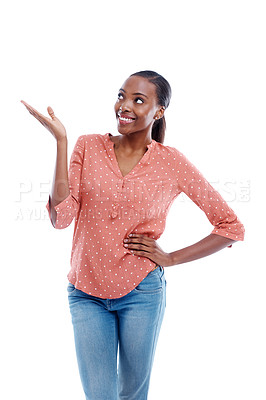 Buy stock photo Smile, mockup and black woman with hand for presentation, marketing or promotion with fashion on white background. Female person, casual and lady with gesture for advertising, show and display
