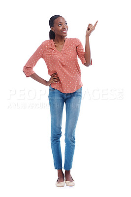 Buy stock photo Black woman, happy and point in studio with thinking for choice, news announcement or option. African female person, smile and hand with gesture for direction, opportunity or idea on white background