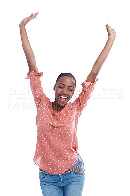 Buy stock photo Winner, black woman and success for achievement, celebration and happiness isolated on white background. Female person, expression and arms with gesture for victory, pride and excited in studio
