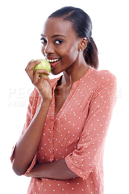 Buy stock photo Black woman, portrait and eating apple for health, nutrition and diet with food on white background. Detox, vegan and fruit for vitamins, fiber and wellness in studio with organic snack for meal