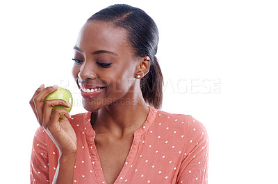 Buy stock photo Smile, mockup and black woman with apple for food, eating or healthy diet isolated on white background. Female person, lady and fruit for nutrition, energy and wellness with copy space in studio
