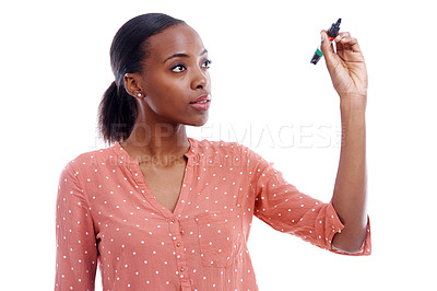 Buy stock photo Marker, black woman and hand for writing, presentation and promotion isolated on white background. Female person, lady and teacher with gesture for display, show and notes for whiteboard in studio
