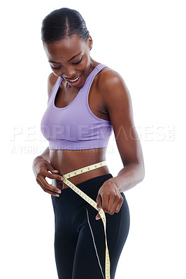 Buy stock photo Fitness, tape measure and waist with happy black woman in studio isolated on white background for weight loss. Exercise, smile and diet with young sports model training for health or nutrition