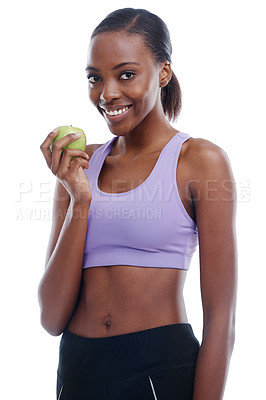 Buy stock photo Portrait, apple and wellness with exercise black woman in studio isolated on white background for weight loss. Fitness, health and smile with happy young sports model training for diet or nutrition