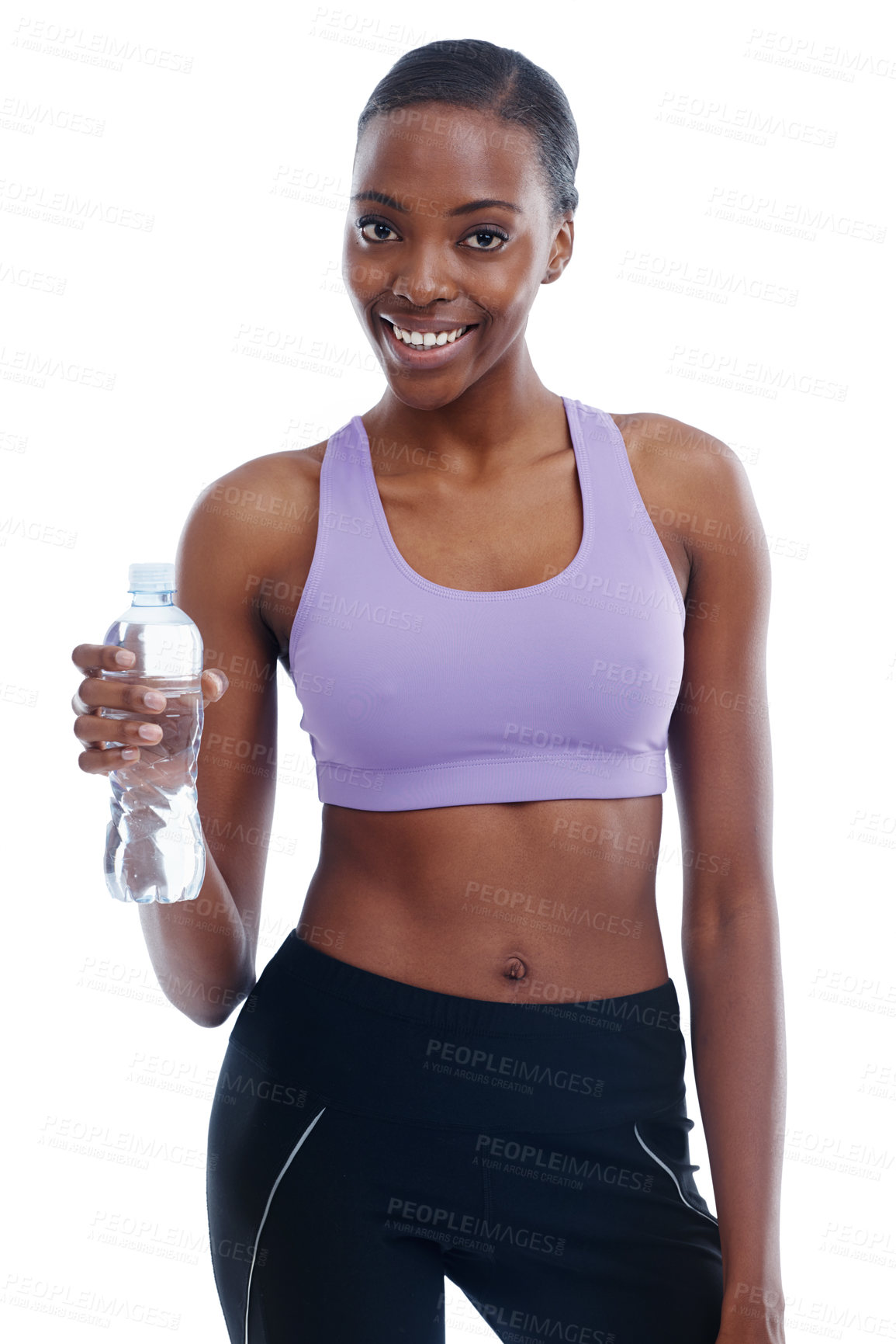 Buy stock photo An isolated portrait of a sporty young woman holding a bottle of water