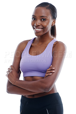Buy stock photo Portrait, fitness and arms crossed with happy black woman in studio isolated on white background for health. Exercise, smile and workout with confident young sports model training for improvement