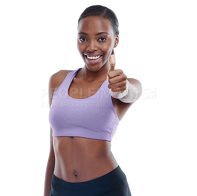 Buy stock photo Portrait, fitness and thumbs up with happy black woman in studio isolated on white background for support. Exercise, like and yes with hand gesture of confident young sports model for motivation