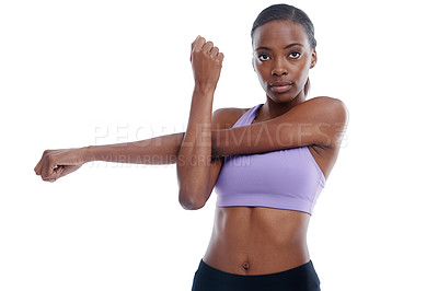 Buy stock photo Portrait, fitness and stretching with confident black woman in studio isolated on white background for workout. Exercise, health and warm up with serious young sports model at start of training
