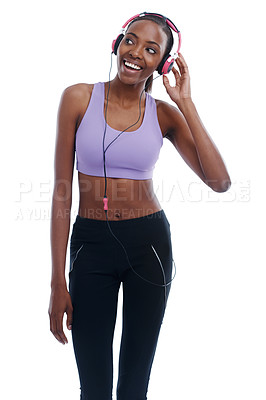 Buy stock photo Music, smile and thinking with fitness black woman in studio isolated on white background for wellness. Exercise, radio and headphones with happy young sports model streaming audio for training
