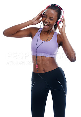 Buy stock photo Energy, fitness and music with happy black woman in studio isolated on white background for wellness. Exercise, singing and headphones with confident young sports model streaming radio for training