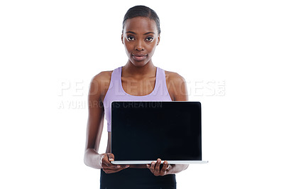 Buy stock photo Portrait, fitness and laptop screen with black woman athlete in studio isolated on white background. Exercise, workout and computer display with confident young sports model advertising gym training