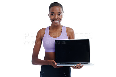 Buy stock photo Portrait, exercise and laptop screen with happy black woman in studio isolated on white background. Fitness, smile and computer display with confident young sports model advertising gym training