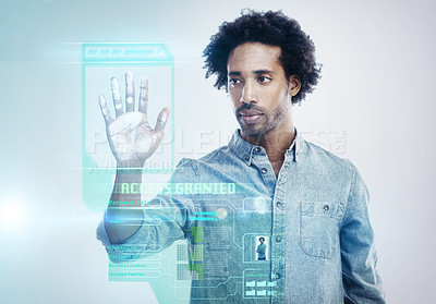 Buy stock photo Man, hand and futuristic screen for biometric with cyber security for identification password, programming or white background. Male person, hologram and 3d technology software, scanning or overlay