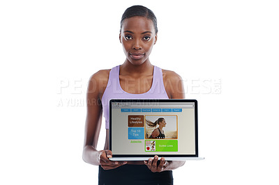 Buy stock photo Portrait, fitness and laptop screen with sporty black woman in studio isolated on white background. Exercise, gym and computer display with confident young sports model advertising healthy lifestyle