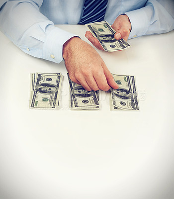 Buy stock photo Cash, dollars and man, hands counting bills and money laundering with financial crime and commerce. Fraud, accounting and investment, businessman with payment and gambling, mockup space and finance