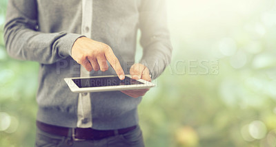 Buy stock photo Man, hands and tablet for work, networking and internet for touchscreen, technology and wireless. Connectivity, social media and professional with bokeh, check emails and communication business