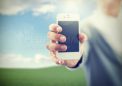 Buy stock photo Man, hands and smartphone for work, advertising and internet for touchscreen, technology and wireless. Connectivity, social media and professional with lens flare, check emails and communication
