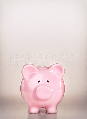 Buy stock photo Piggybank, investment and container for savings in studio, financial freedom and insurance. Moneybox, economy and funding for retirement on brown background, budget and income or security for future