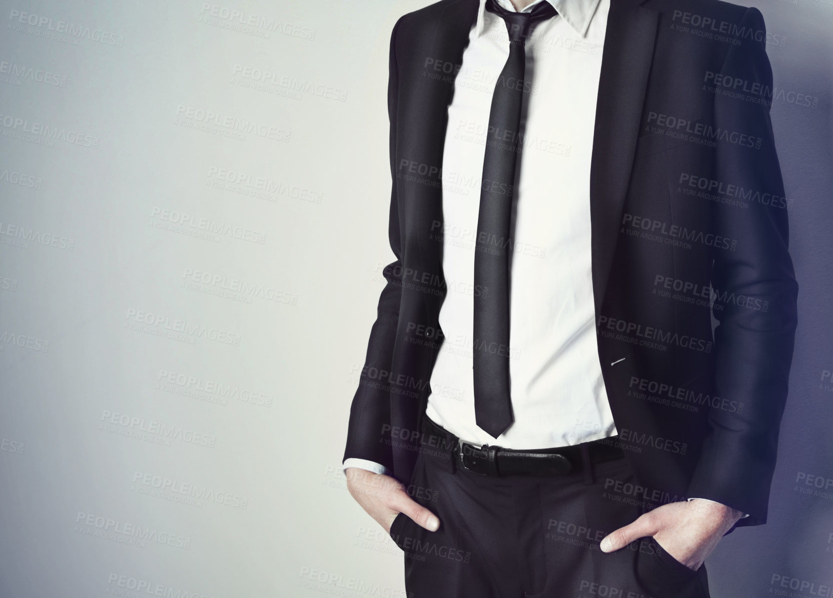 Buy stock photo Fashion, suit and man in studio with style, cool and gentleman aesthetic against a grey background. Formal, pose and male model standing in fashionable outfit, clothes and stylish confidence isolated