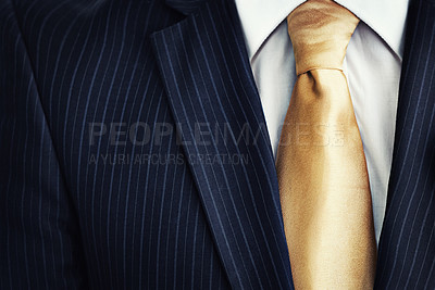 Buy stock photo Businessman, suit and gold tie in fashion for corporate style, attire or clothing with jacket, lines or pattern. Closeup of man, worker or employee in stylish shirt of neat professional with necktie