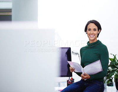 Buy stock photo Woman, office and document with smile in computer for business or worker contract at work as hr employee. Portrait, female person and paperwork in desk with folder for  company policy and law.
