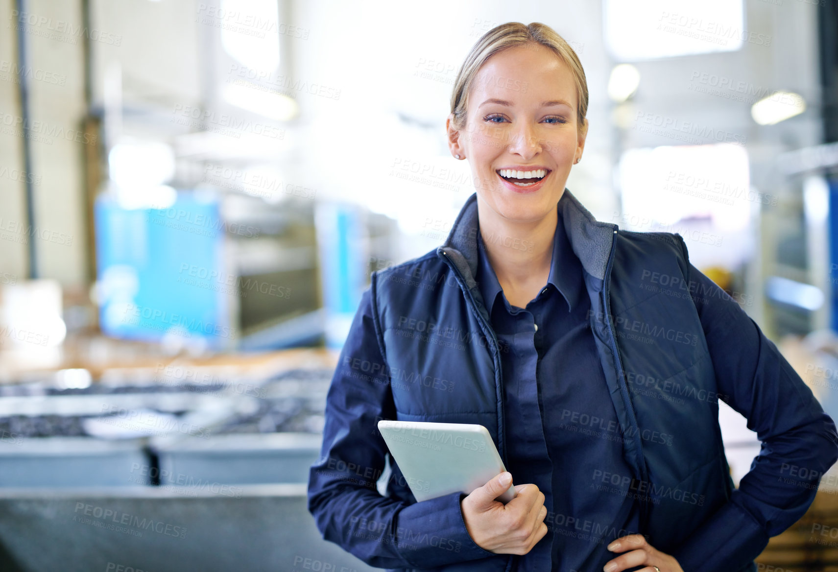 Buy stock photo Tablet, happy and portrait of woman in factory for manufacturing, networking and inventory. Distribution, industrial and technology with female employee in warehouse for inspection, export or storage