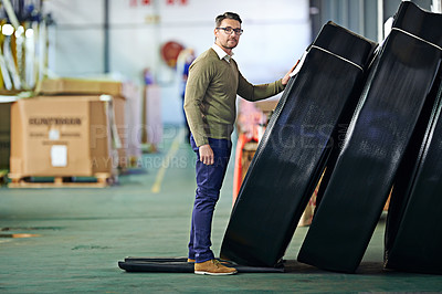 Buy stock photo Checklist, portrait and business man with inventory, for delivery, shipping logistics or stock inspection in warehouse. Distribution, ecommerce and worker for freight, supply chain or quality control