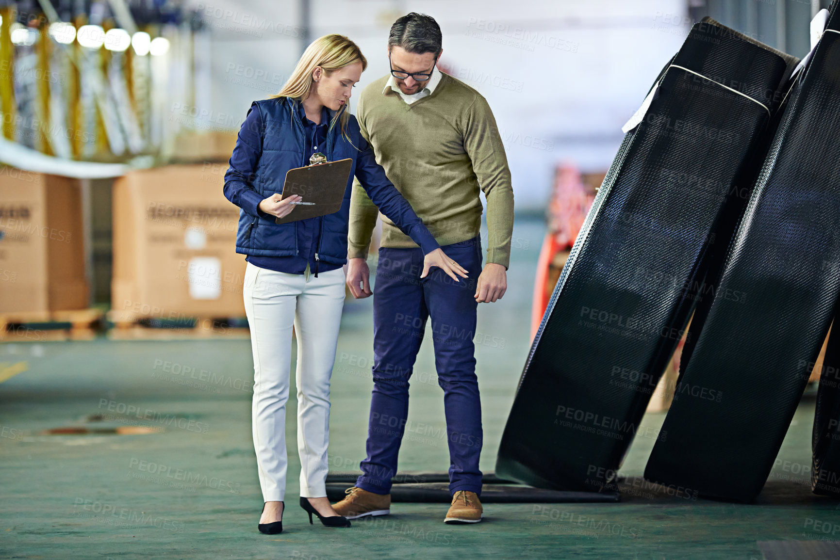 Buy stock photo Inventory, logistics and business people with checklist in warehouse for delivery, shipping or stock inspection. Distribution, ecommerce and teamwork for freight, supply chain or quality control